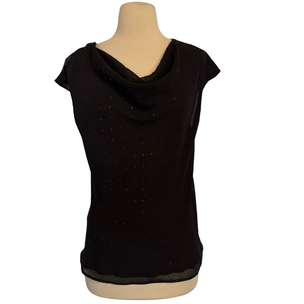 Calvin Klein Black Sheer Cowl Neck Sparkle Clip Dot Blouse Women SZ M